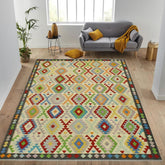 Flat Weave Kilim Antique Navaho Vintage handmade Geometric Kilim Beige Charcoal Hand-Woven Rectangle 100% Wool Area Rug 7x10